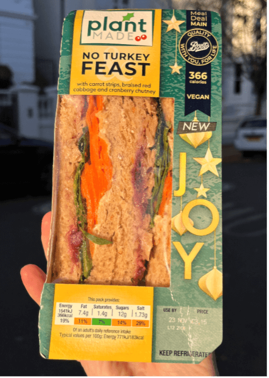 Hand holding the turkey free feast sandwich from Boots 2023