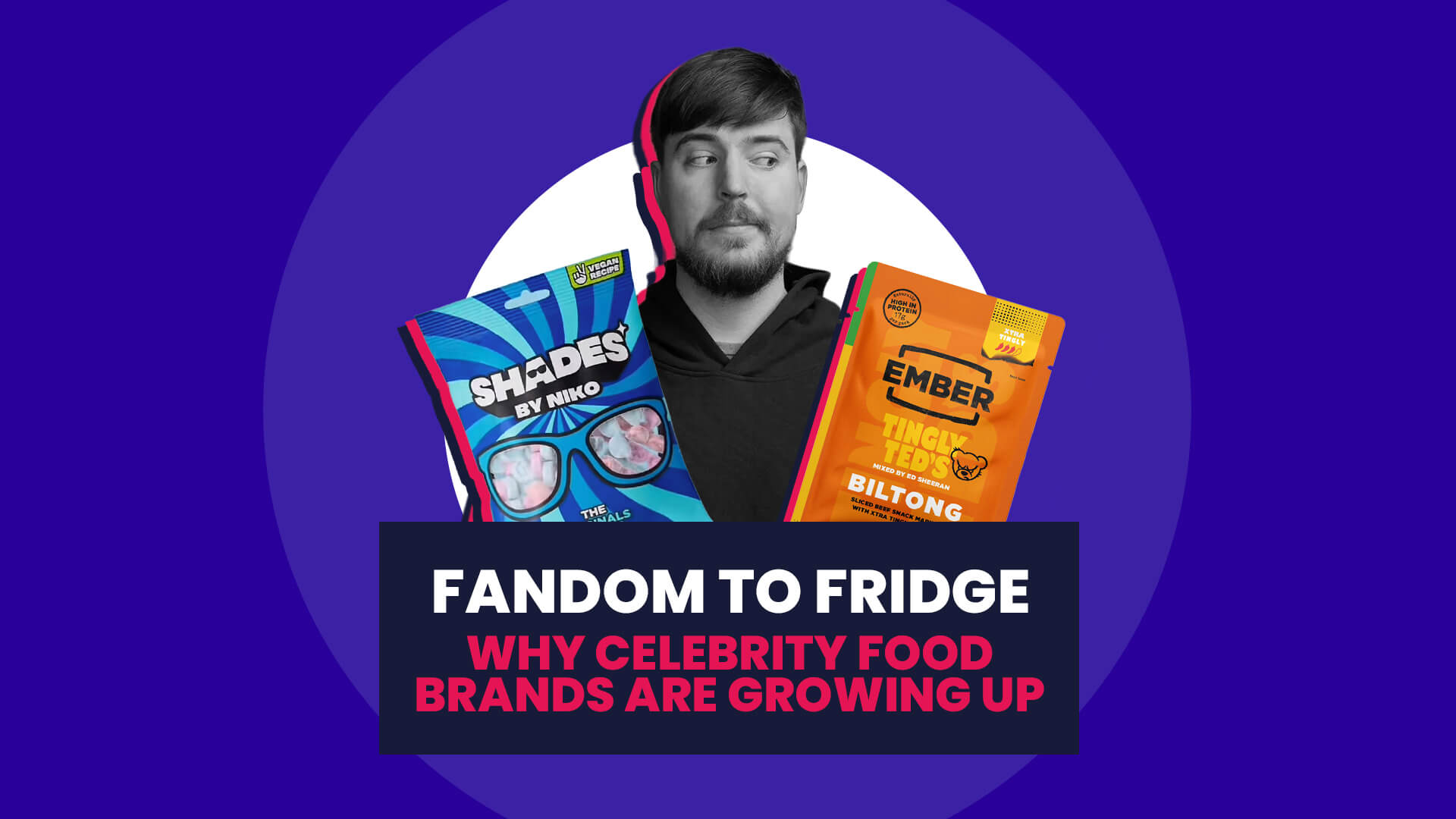 A blue background with white circle overlaid. On this is a profile shot of Mr Beast, and on either side a pack of new celebrity product launches. This then has a navy banner over the top with 'Fandom to fridge: why celebrity food brands are growing up'
