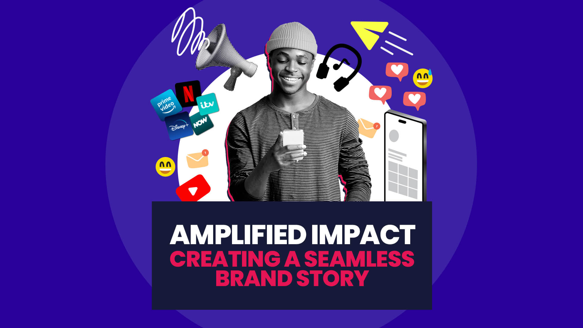 Image shows man centrally surrounded by social, advertising and Pr elements. Over this is a banner with 'Amplified impact creating a seamless brand story'